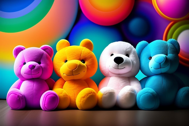 Free photo a rainbow colored bear is sitting next to a group of bears.