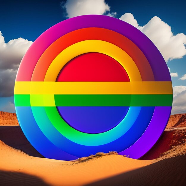 A rainbow colored circle is in the middle of a desert.