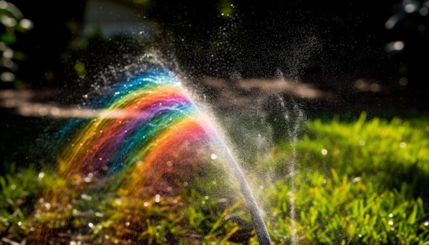 Foto gratuita goccia di pioggia color arcobaleno che spruzza erba bagnata all'aperto generata dall'intelligenza artificiale