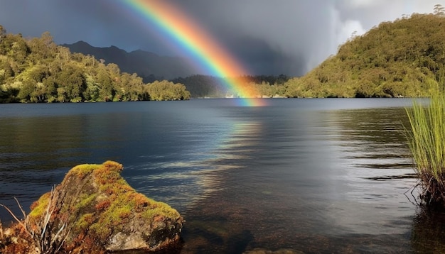 Free photo rainbow colors reflect in tranquil forest pond generated by ai