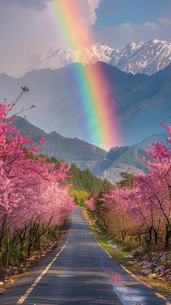 Free photo rainbow at the end of a road landscape