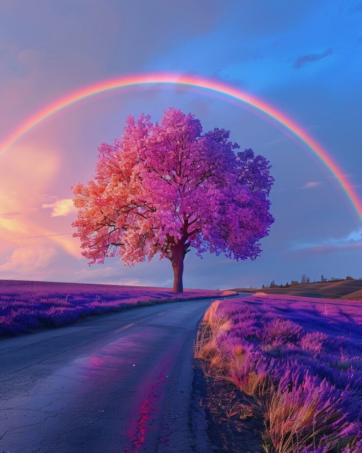 Free Photo rainbow at the end of a road landscape