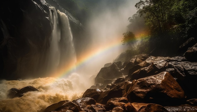 Foto gratuita un arcobaleno è visto sopra una cascata sotto la pioggia