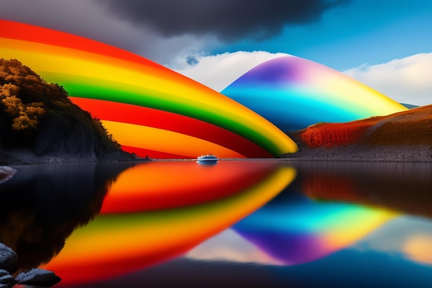 Free photo a rainbow over a lake with a mountain in the background