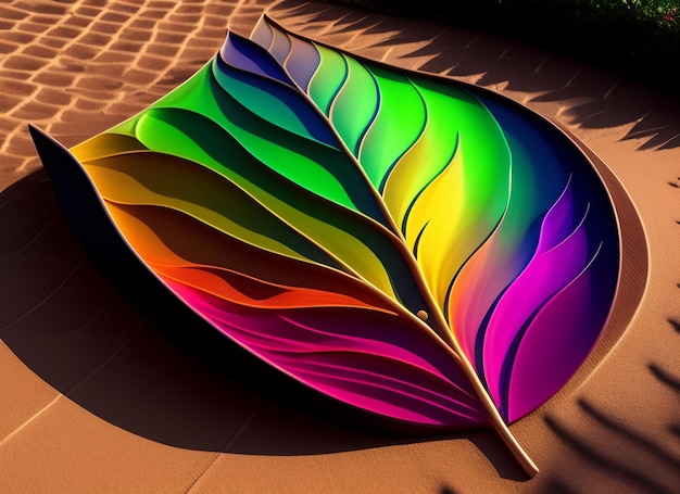 Foto gratuita una foglia arcobaleno viene visualizzata su un tavolo.
