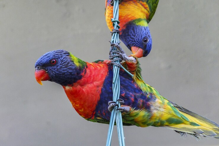 Free Photo rainbow lorikeet birds perched on a cable