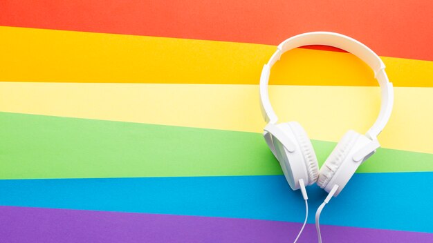 Rainbow pride flag and white headphones