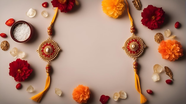 Raksha bandhan background with an elegant rakhi rice grains and flowers a traditional indian wrist band which is a symbol of love between brothers and sisters