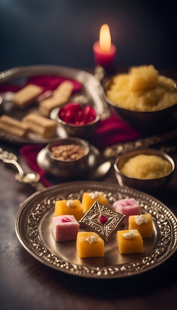 Free photo raksha bandhan background with sweets and candies selective focus