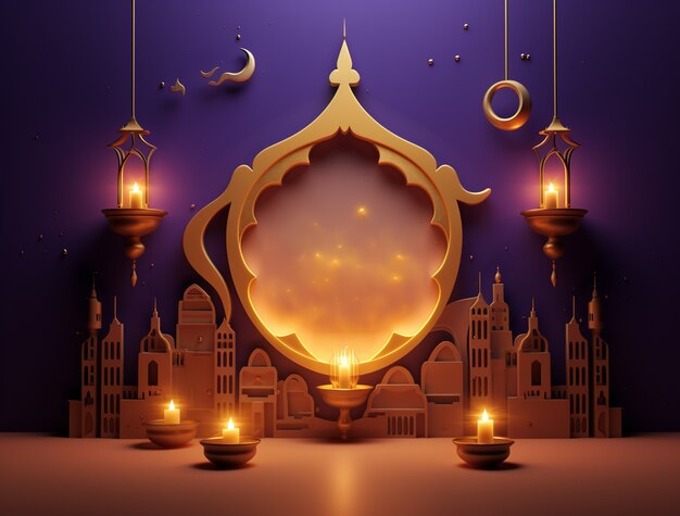 Ramadan background with mosque illuminated with candles