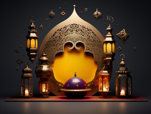Фонарь Рамадана с мечетью, освещенной свечами