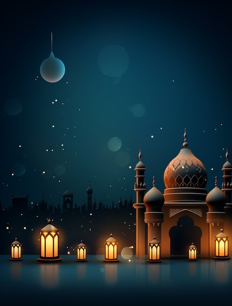 Фонарь Рамадана с мечетью, освещенной свечами