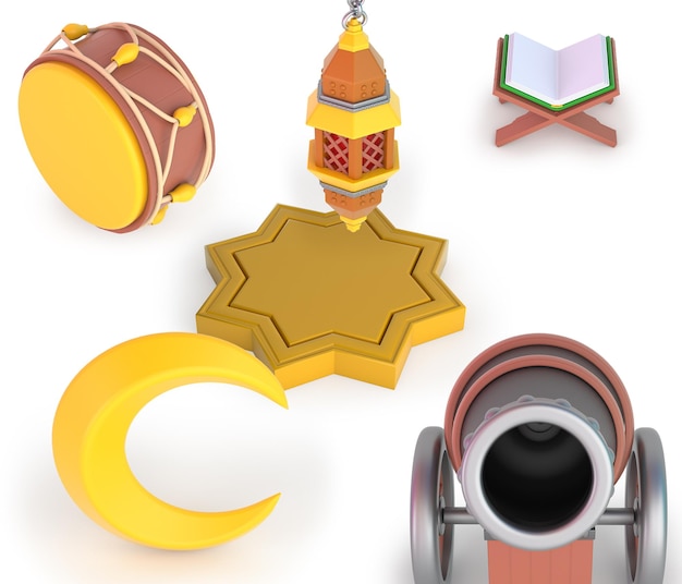 Free photo ramadan cannon and drum front side in white background