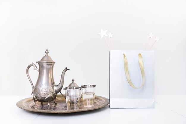 Ramadan composition with tea set and bag