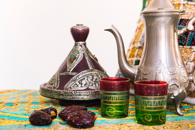 Ramadan concept with tea set and dates