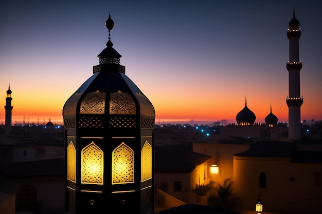 Ramadan Kareem Eid Mubarak FREE Photo Mosque Lamp in the Evening