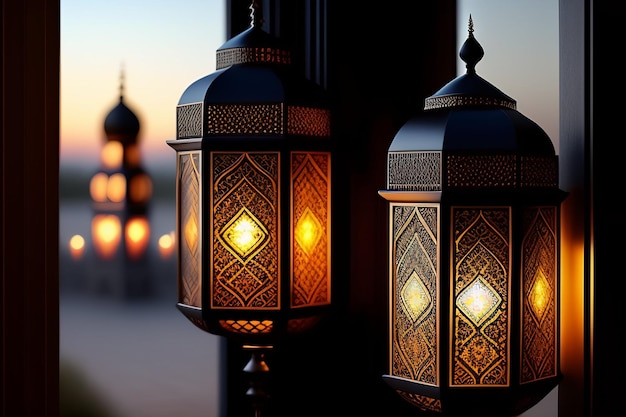 저녁에 라마단 카림 이드 무바라크 무료 사진 모스크 램프