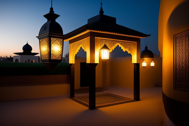 無料写真 ラマダン カリーム イード ムバラク 無料写真 夕方のモスク ランプ