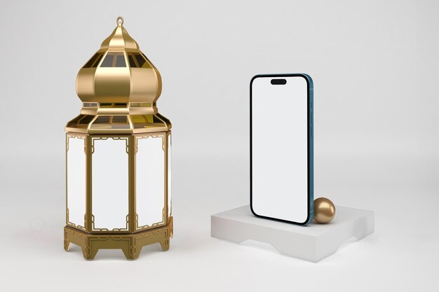 Ramadan Phone 14 App Right Side and Lantern In White Background