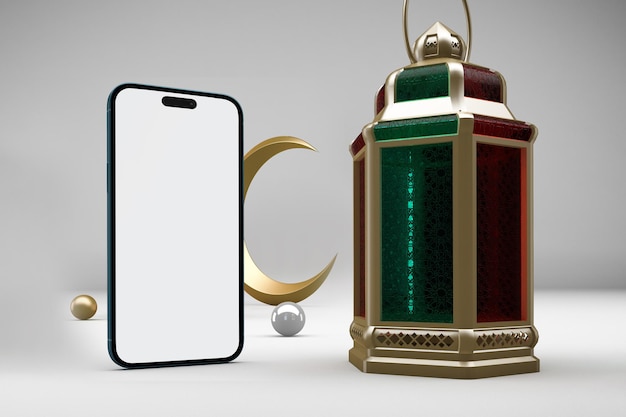 Ramadan Phone 14 Pro and Lantern Left Side in White Background