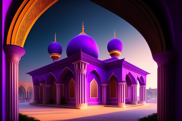 파란색 배경과 보라색 벽이 있는 라마단 보라색 모스크