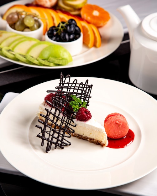 Raspberry cheesecake and fruit plate