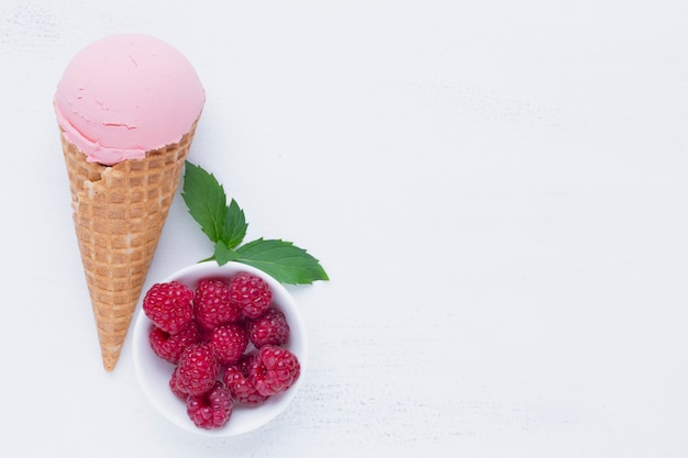Raspberry ice cream with copy space