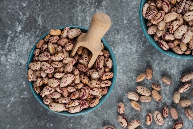 Raw bean grains displayed in blue bowls.