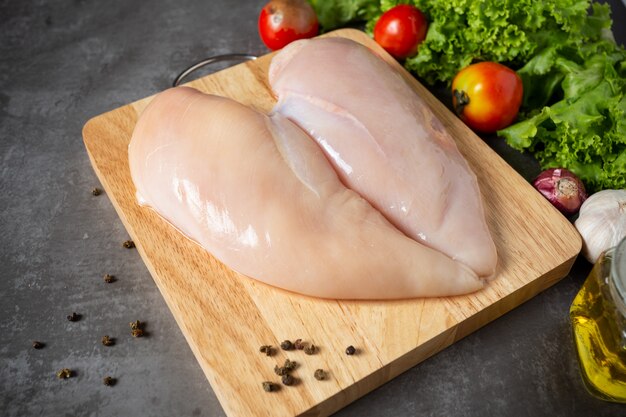 Raw chicken breasts on wooden cutting board.