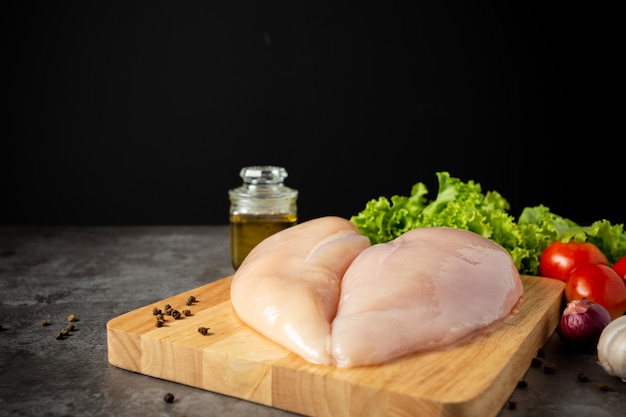 Raw chicken breasts on wooden cutting board.
