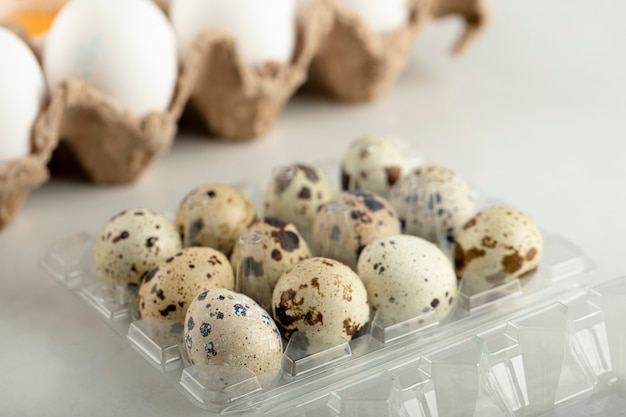 Free photo raw chicken eggs in a carton container and quail eggs.