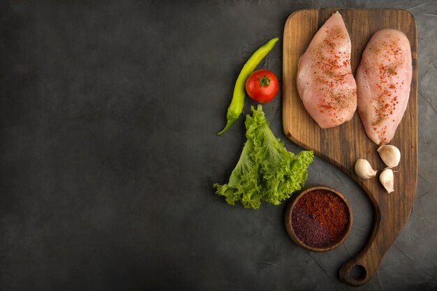 Raw chicken fillet served with greenery and sauces