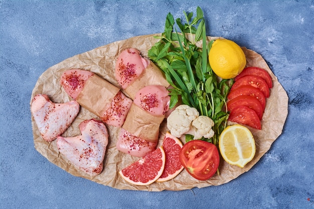 Free photo raw chicken fillet with vegetables on a wooden board on blue