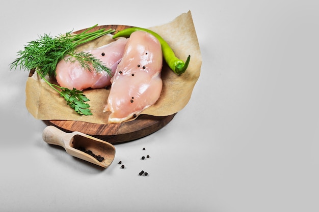 Raw chicken fillets on wooden plate with spoon