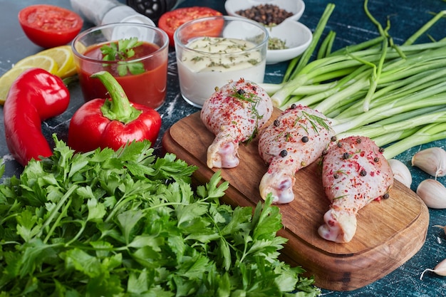 Raw chicken legs on a wooden board.