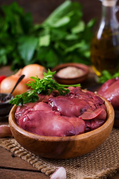 Raw chicken liver for cooking with onions and peppers