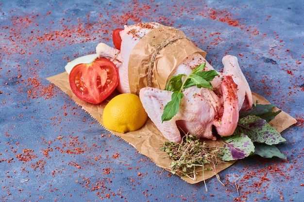 Raw chicken with vegetables on a wooden board on blue