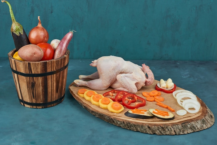 Free Photo raw chicken on a wooden board with vegetables in the bucket.