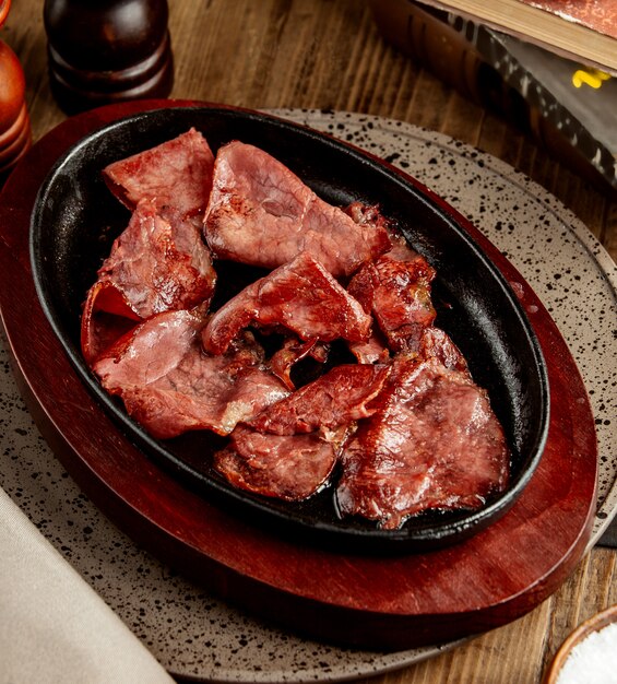 Сырые приготовленные кусочки мяса подают в железной кастрюле