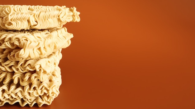 Raw dried instant noodles on a brown background. pasta, for the preparation of which it is enough to pour boiling water and wait a few minutes. copy space. vermicelli, spaghetti.