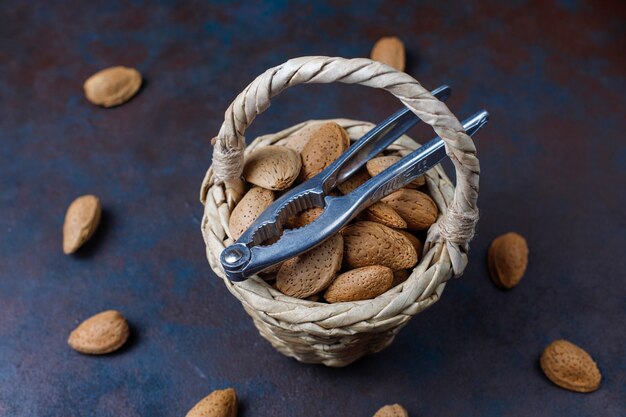 Raw fresh almonds with shell.