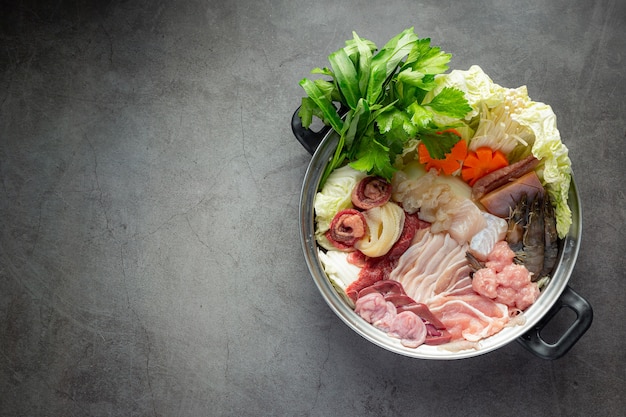 Raw meat and fresh vegetable for hot pot shabu menu