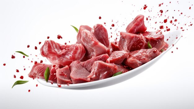 Raw meat pieces flying out of the pan against a white background