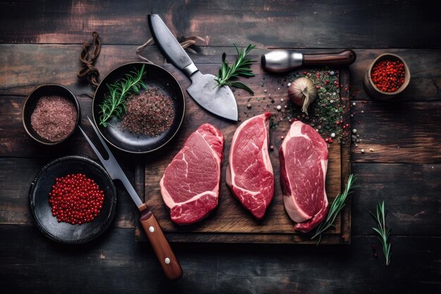 Raw meats with spices and utensils on a rustic cutting board and dark wood Top view Ai generative