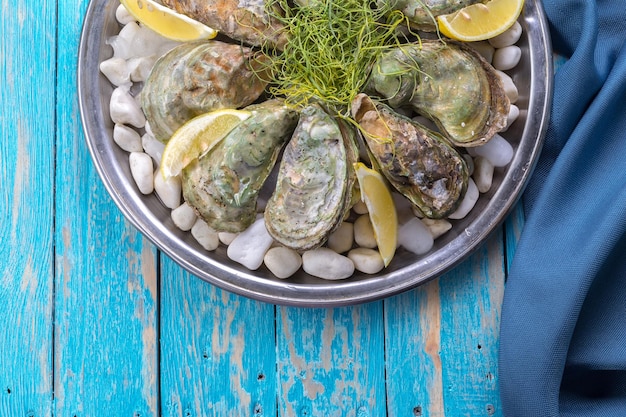 Raw oysters with lemon and ice