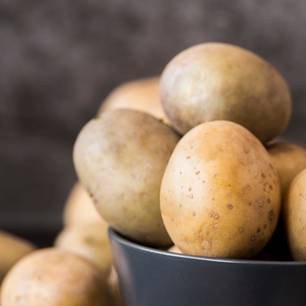 Raw potatoes in bowl close-up