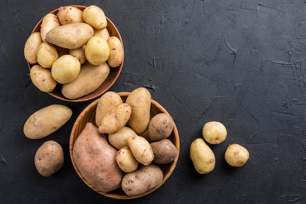 Raw potatoes on bowl