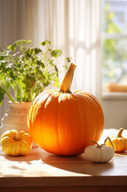 Raw pumpkins arrangement indoors