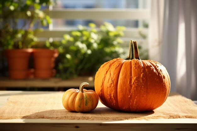 Raw pumpkins arrangement indoors