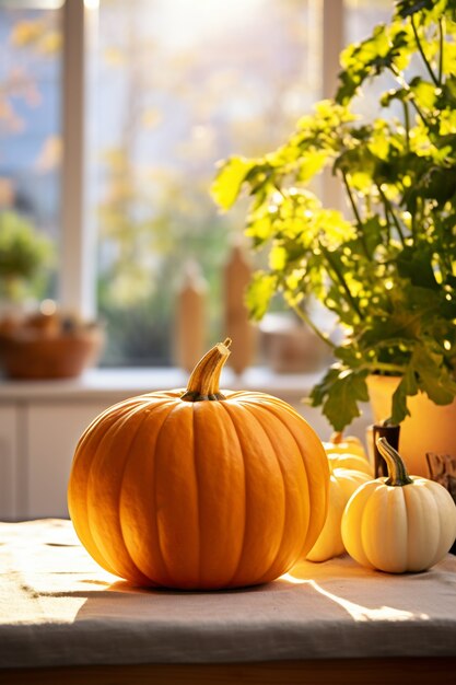 Raw pumpkins arrangement indoors